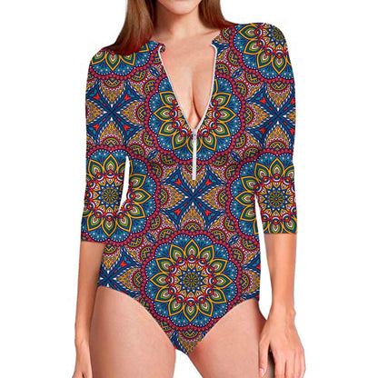 Colorful Bohemian Mandala Pattern Print Long Sleeve Swimsuit
