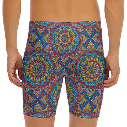 Colorful Bohemian Mandala Pattern Print Men's Long Boxer Briefs