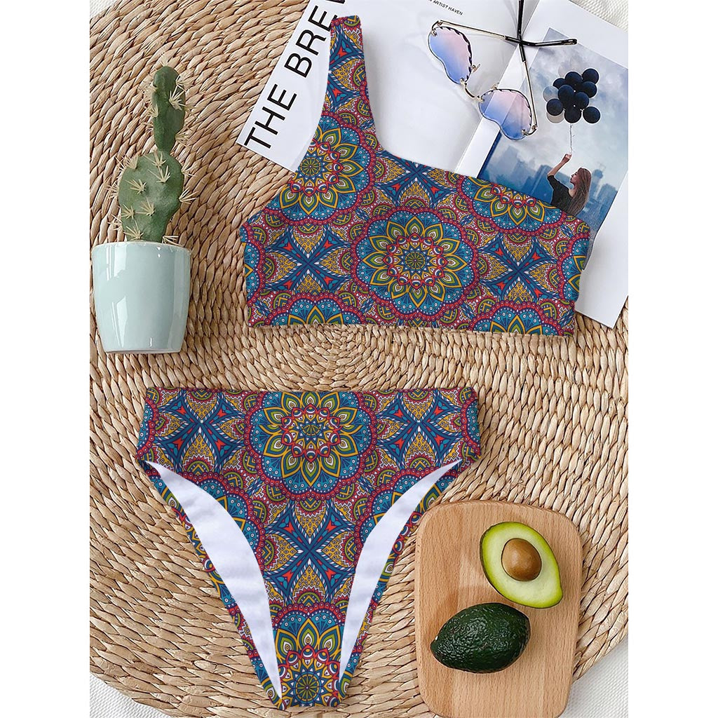 Colorful Bohemian Mandala Pattern Print One Shoulder Bikini Top
