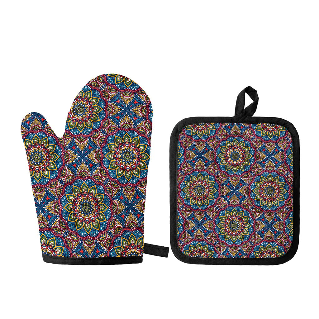 Colorful Bohemian Mandala Pattern Print Oven Mitt And Pot Holder Set