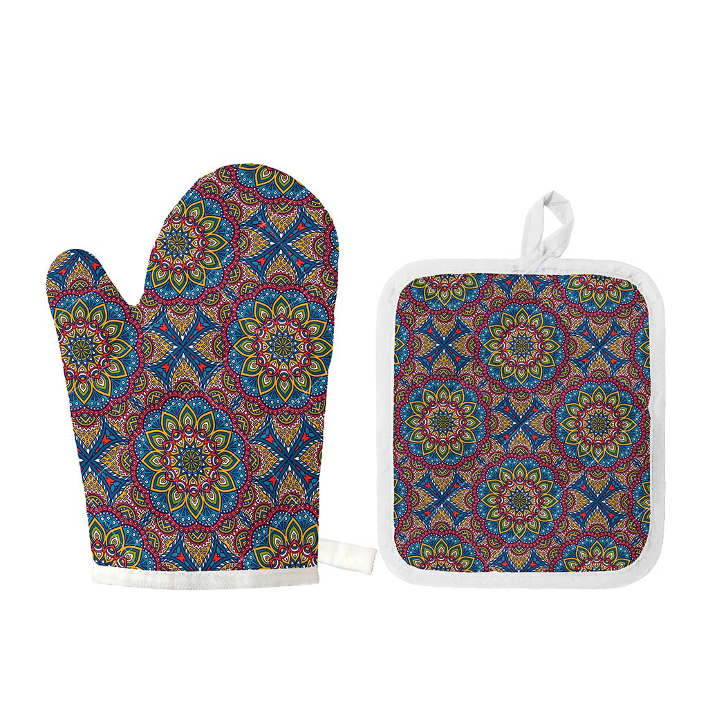 Colorful Bohemian Mandala Pattern Print Oven Mitt And Pot Holder Set