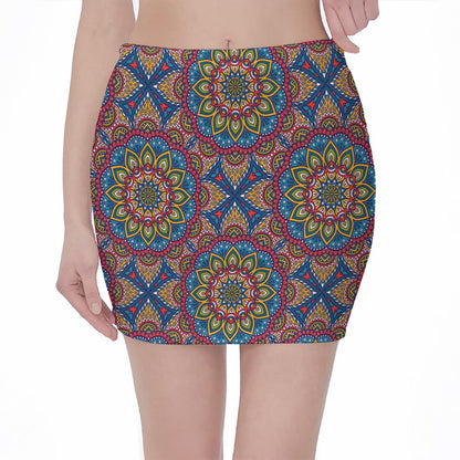 Colorful Bohemian Mandala Pattern Print Pencil Mini Skirt