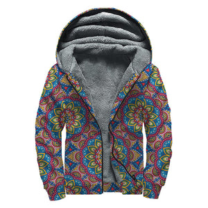 Colorful Bohemian Mandala Pattern Print Sherpa Lined Zip Up Hoodie