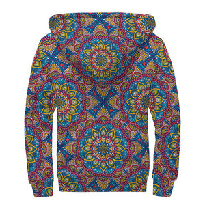 Colorful Bohemian Mandala Pattern Print Sherpa Lined Zip Up Hoodie