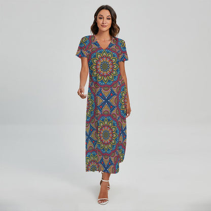 Colorful Bohemian Mandala Pattern Print Short Sleeve Maxi Dress