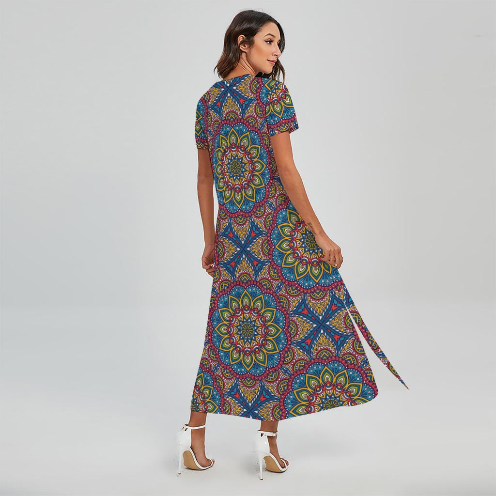 Colorful Bohemian Mandala Pattern Print Short Sleeve Maxi Dress