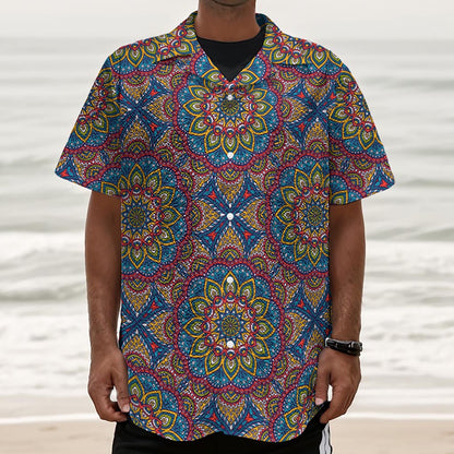 Colorful Bohemian Mandala Pattern Print Textured Short Sleeve Shirt