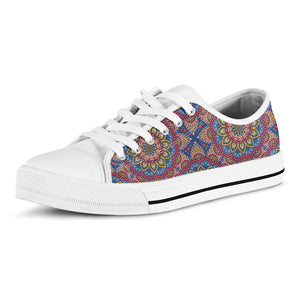 Colorful Bohemian Mandala Pattern Print White Low Top Sneakers