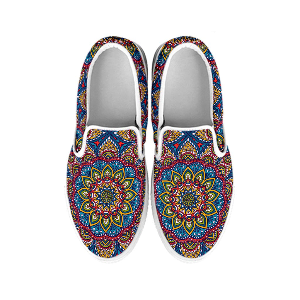 Colorful Bohemian Mandala Pattern Print White Slip On Sneakers