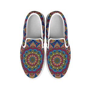 Colorful Bohemian Mandala Pattern Print White Slip On Sneakers