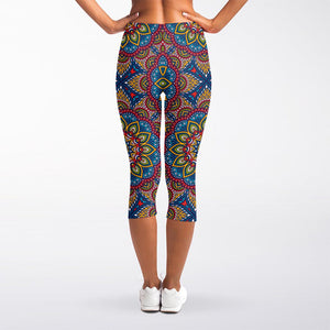 Colorful Bohemian Mandala Pattern Print Women's Capri Leggings