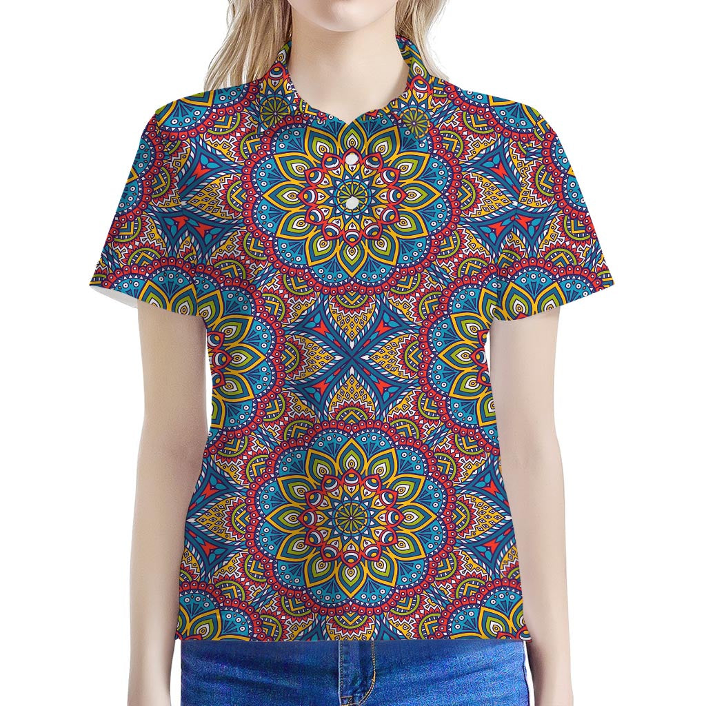 Colorful Bohemian Mandala Pattern Print Women's Polo Shirt