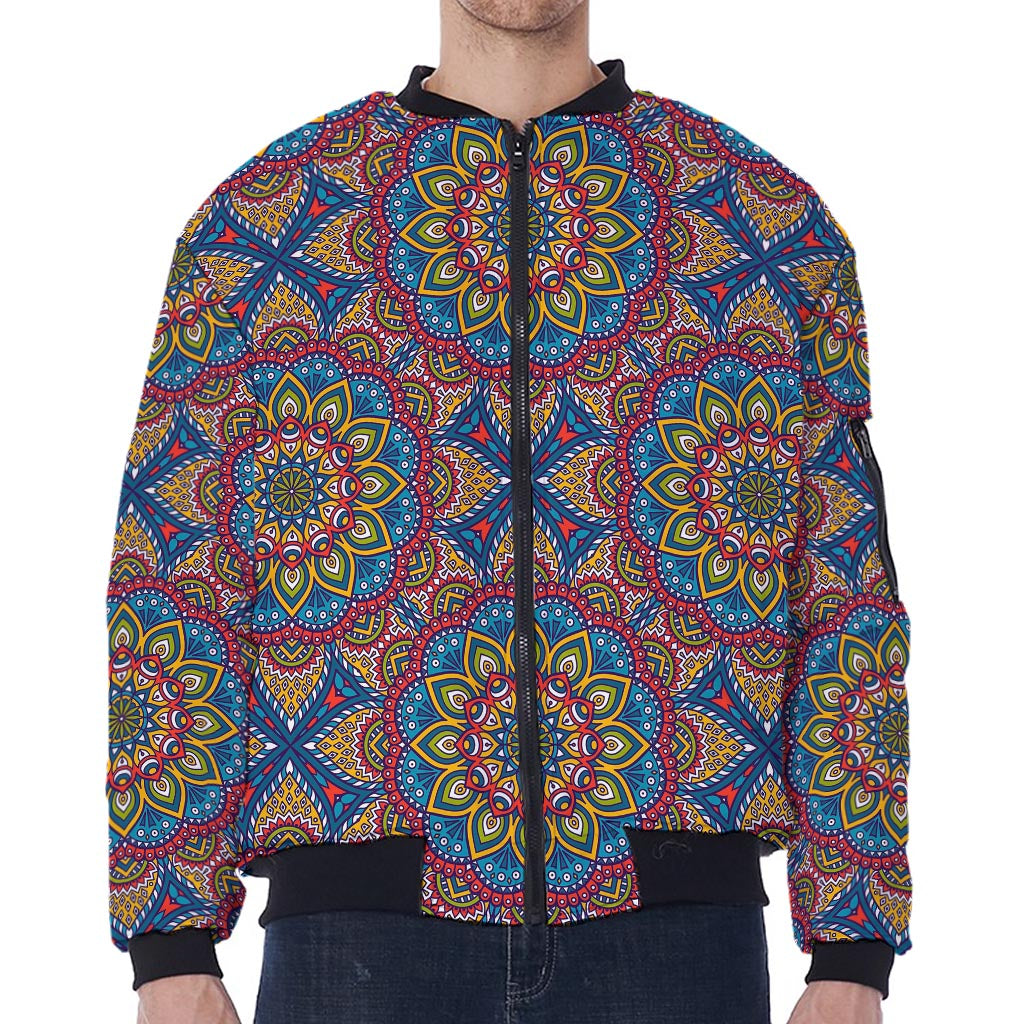 Colorful Bohemian Mandala Pattern Print Zip Sleeve Bomber Jacket