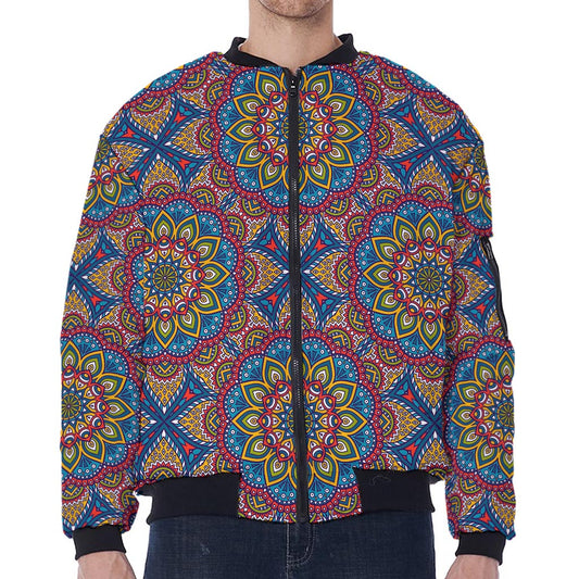 Colorful Bohemian Mandala Pattern Print Zip Sleeve Bomber Jacket