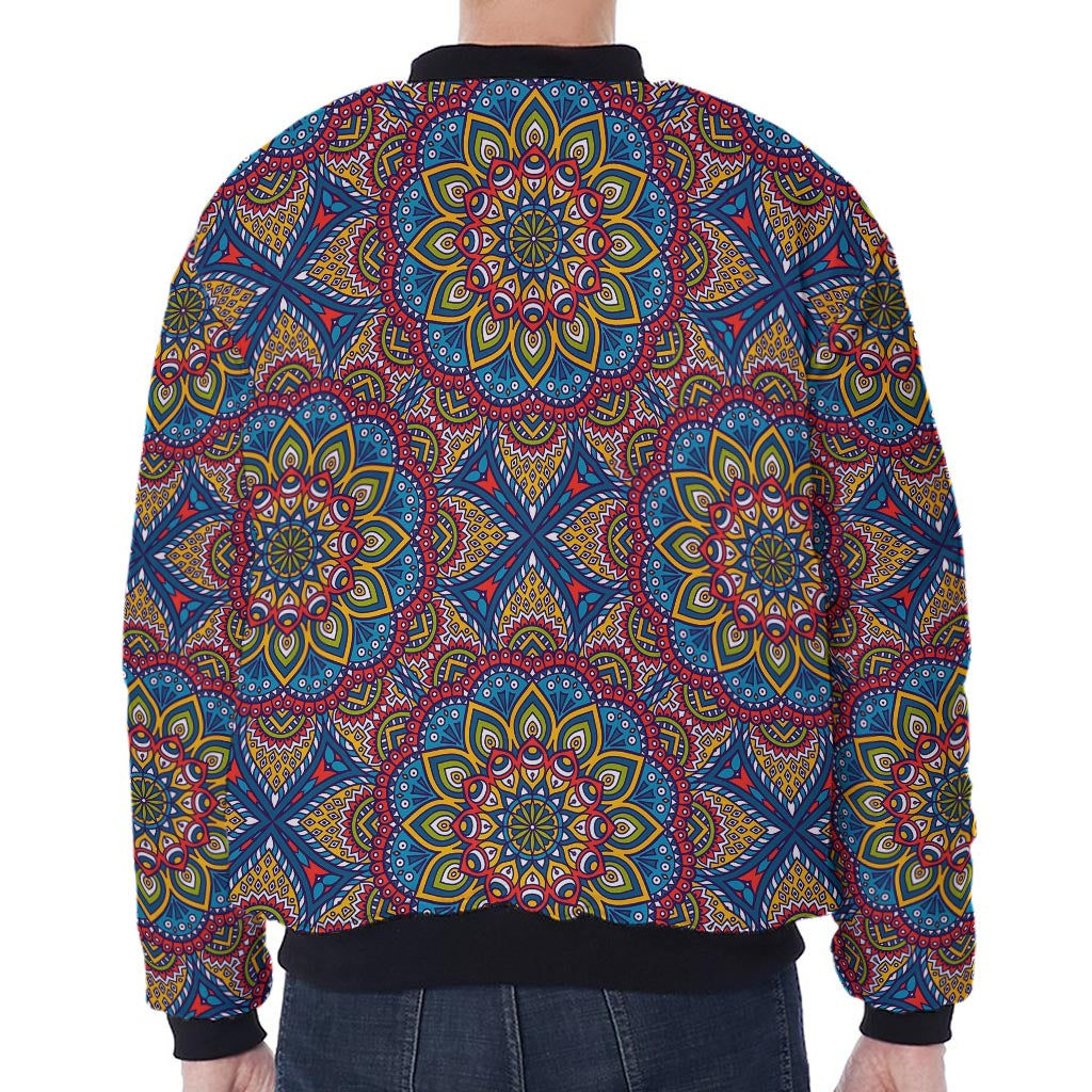 Colorful Bohemian Mandala Pattern Print Zip Sleeve Bomber Jacket