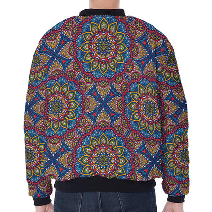 Colorful Bohemian Mandala Pattern Print Zip Sleeve Bomber Jacket