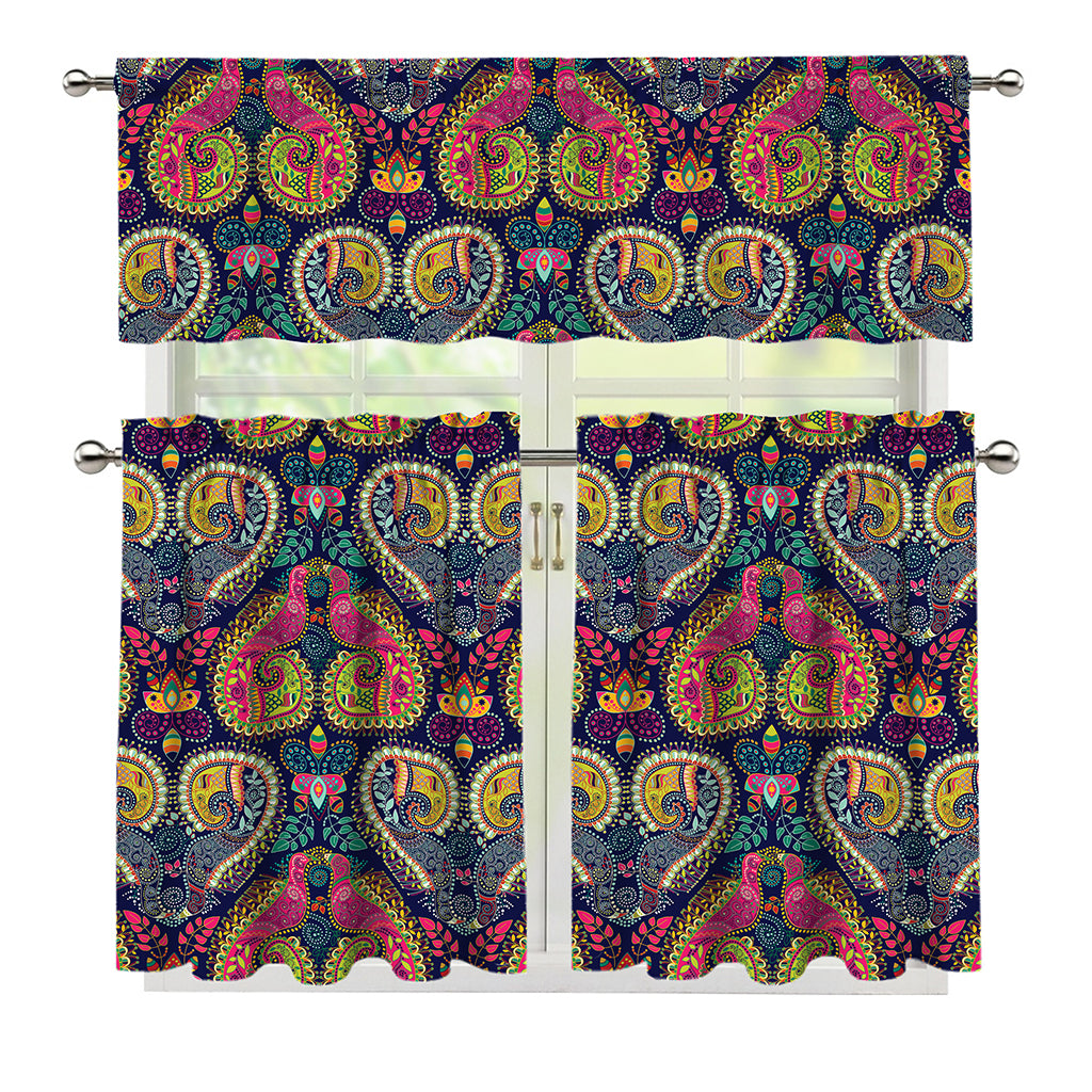 Colorful Boho Paisley Pattern Print 3 Piece Kitchen Curtains