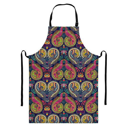 Colorful Boho Paisley Pattern Print Bib Apron With Pocket