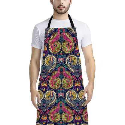 Colorful Boho Paisley Pattern Print Bib Apron With Pocket