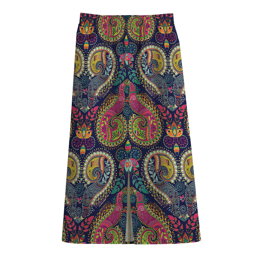 Colorful Boho Paisley Pattern Print Cotton Front Slit Maxi Skirt