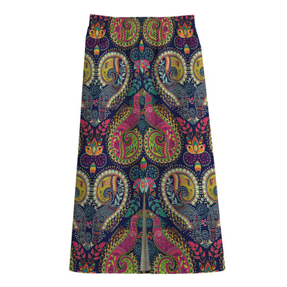 Colorful Boho Paisley Pattern Print Cotton Front Slit Maxi Skirt