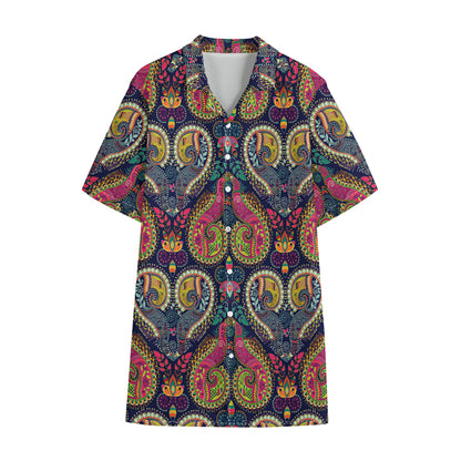 Colorful Boho Paisley Pattern Print Cotton Hawaiian Shirt