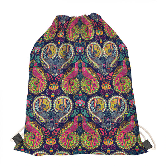 Colorful Boho Paisley Pattern Print Drawstring Bag