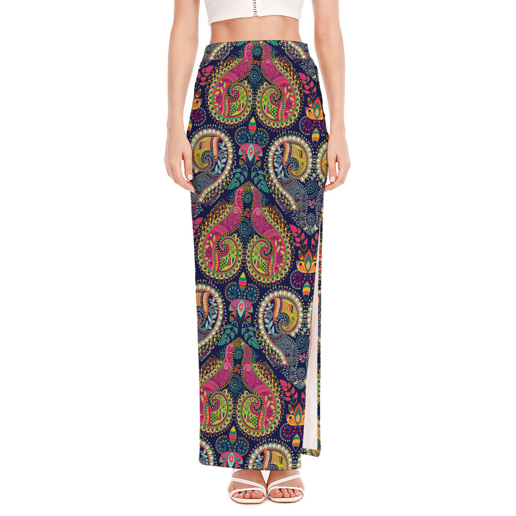 Colorful Boho Paisley Pattern Print High Slit Maxi Skirt