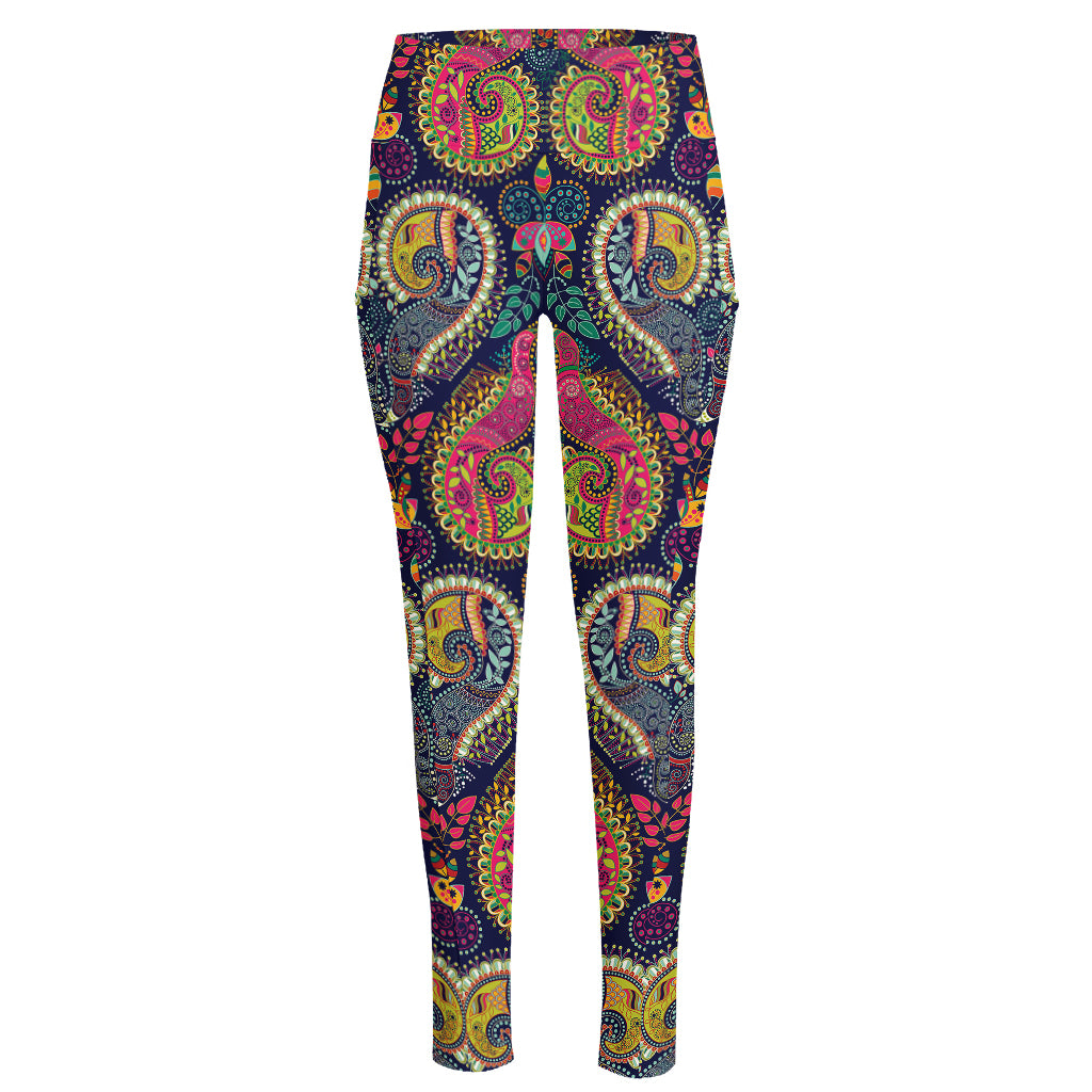 Colorful Boho Paisley Pattern Print High-Waisted Pocket Leggings