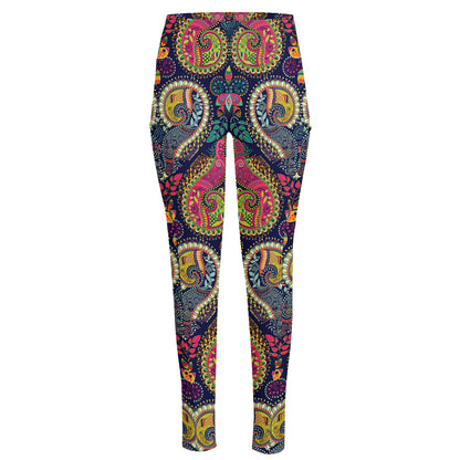 Colorful Boho Paisley Pattern Print High-Waisted Pocket Leggings