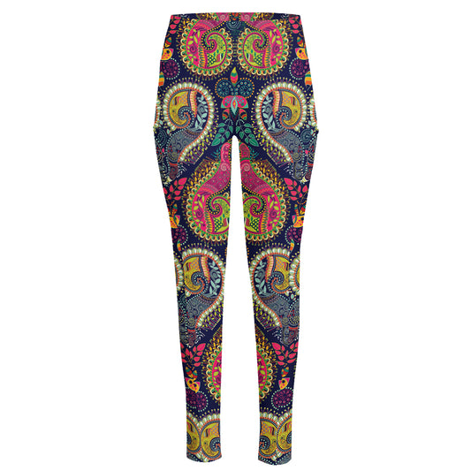 Colorful Boho Paisley Pattern Print High-Waisted Pocket Leggings