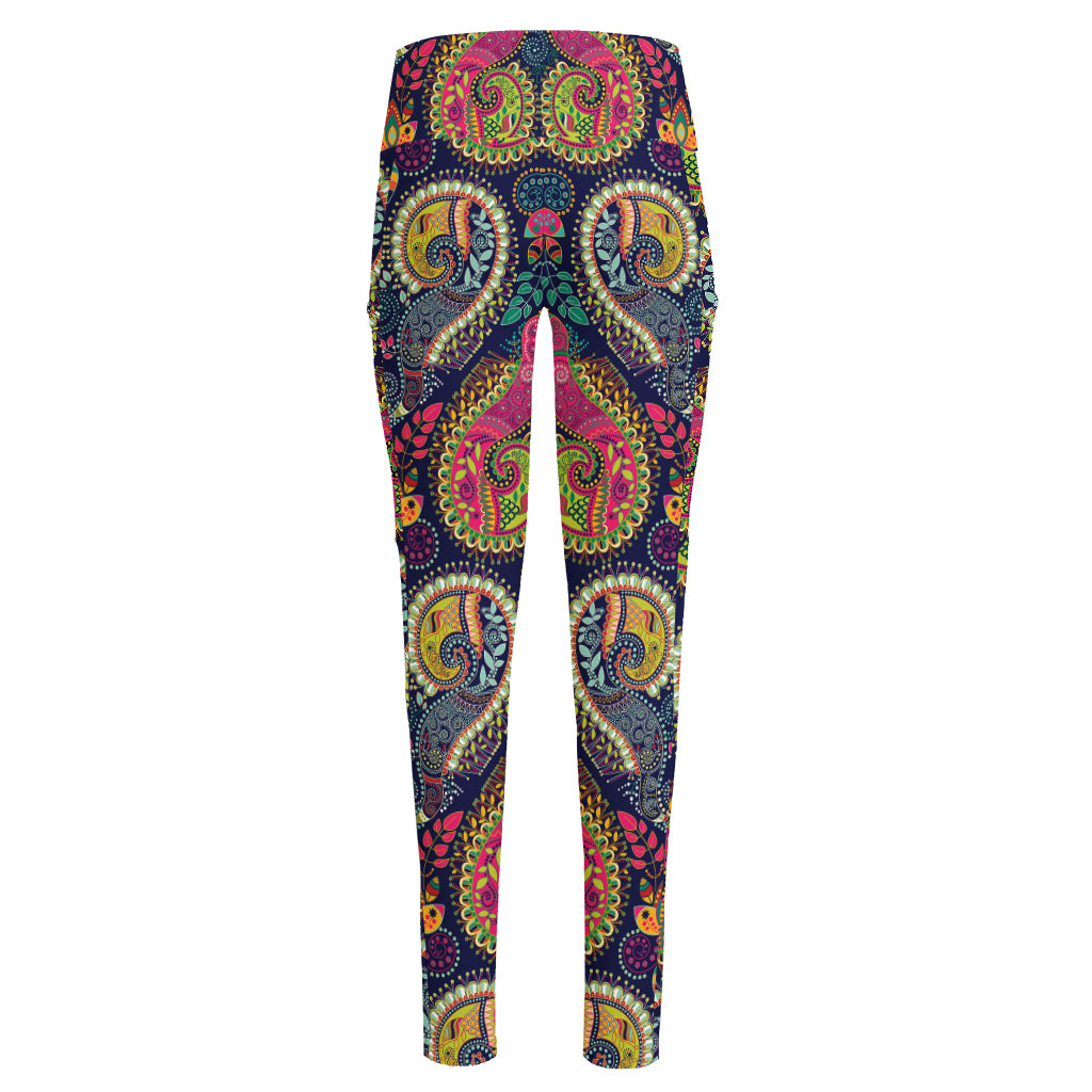 Colorful Boho Paisley Pattern Print High-Waisted Pocket Leggings