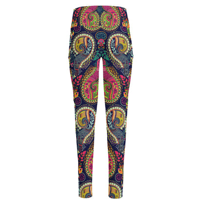 Colorful Boho Paisley Pattern Print High-Waisted Pocket Leggings