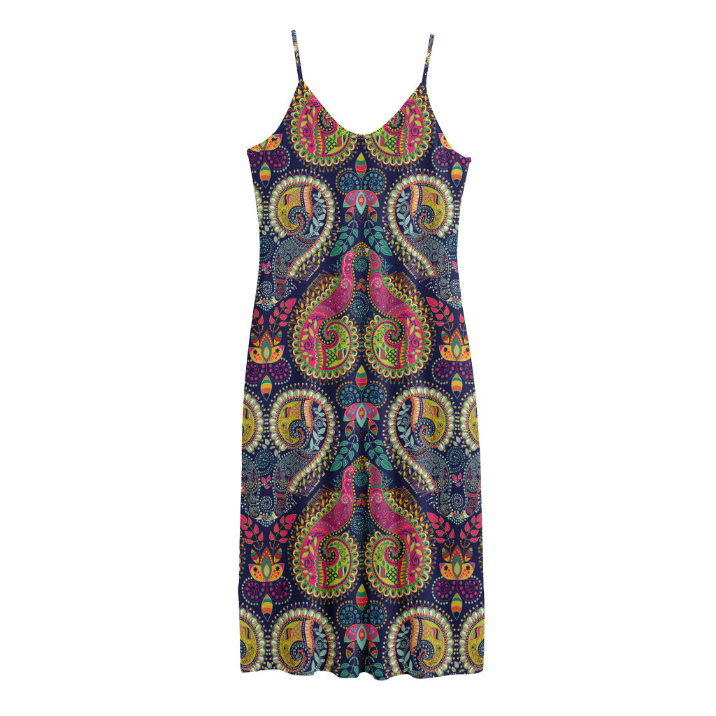 Colorful Boho Paisley Pattern Print Jersey Midi Cami Dress