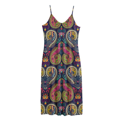Colorful Boho Paisley Pattern Print Jersey Midi Cami Dress