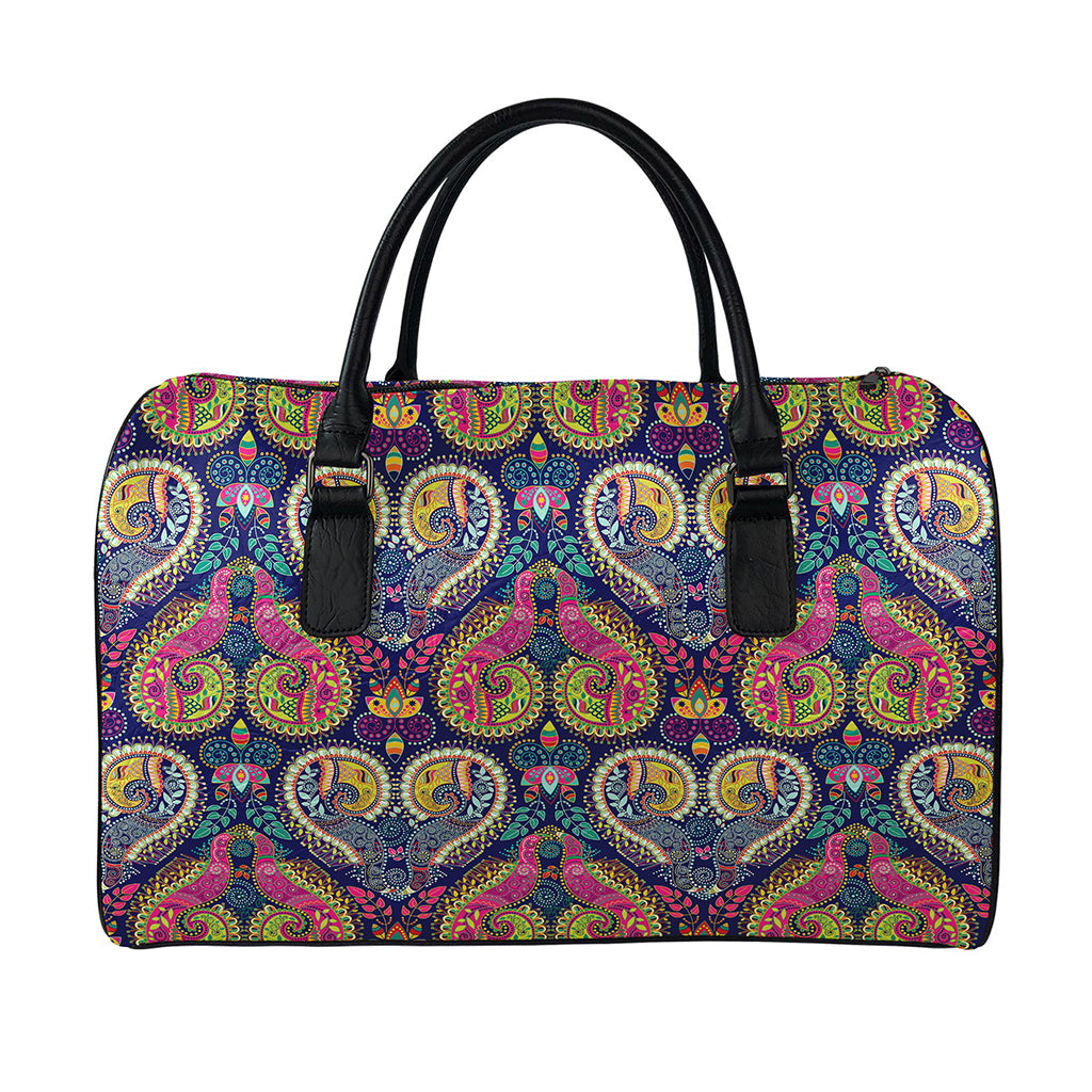 Colorful Boho Paisley Pattern Print Leather Duffle Bag