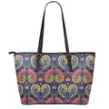 Colorful Boho Paisley Pattern Print Leather Tote Bag With Zipper