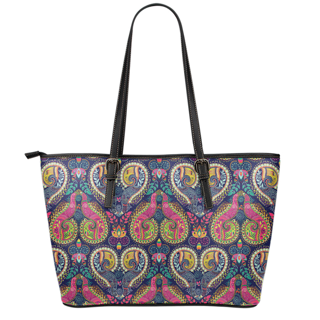 Colorful Boho Paisley Pattern Print Leather Tote Bag