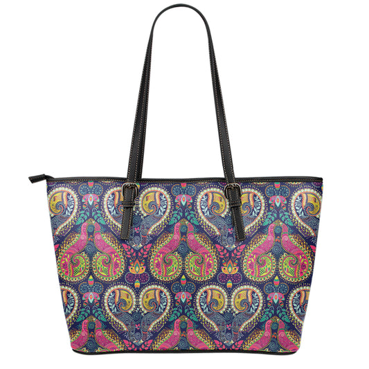 Colorful Boho Paisley Pattern Print Leather Tote Bag