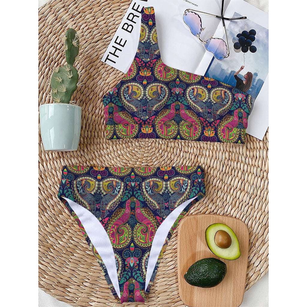 Colorful Boho Paisley Pattern Print One Shoulder Bikini Top