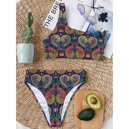 Colorful Boho Paisley Pattern Print One Shoulder Bikini Top