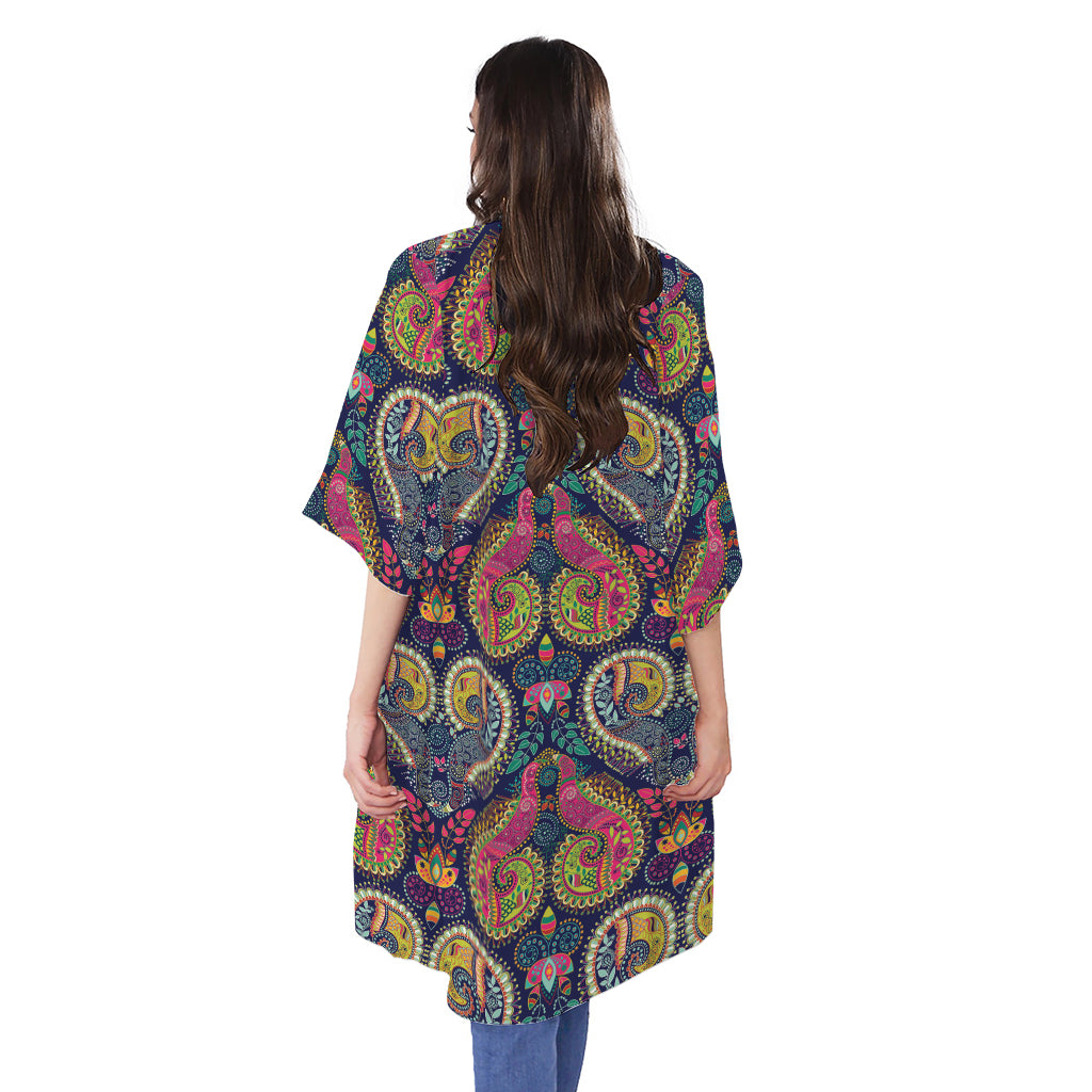 Colorful Boho Paisley Pattern Print Open Front Beach Cover Up