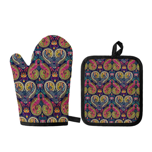 Colorful Boho Paisley Pattern Print Oven Mitt And Pot Holder Set