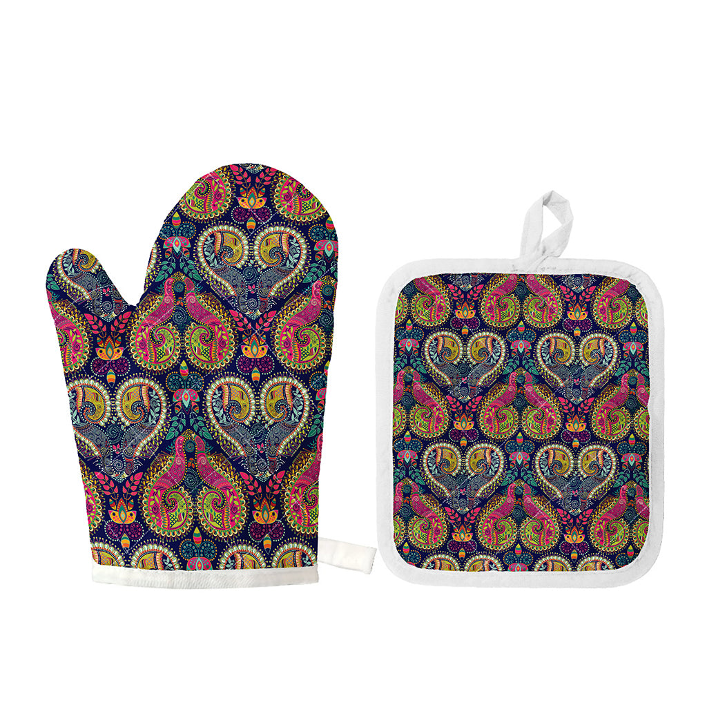 Colorful Boho Paisley Pattern Print Oven Mitt And Pot Holder Set
