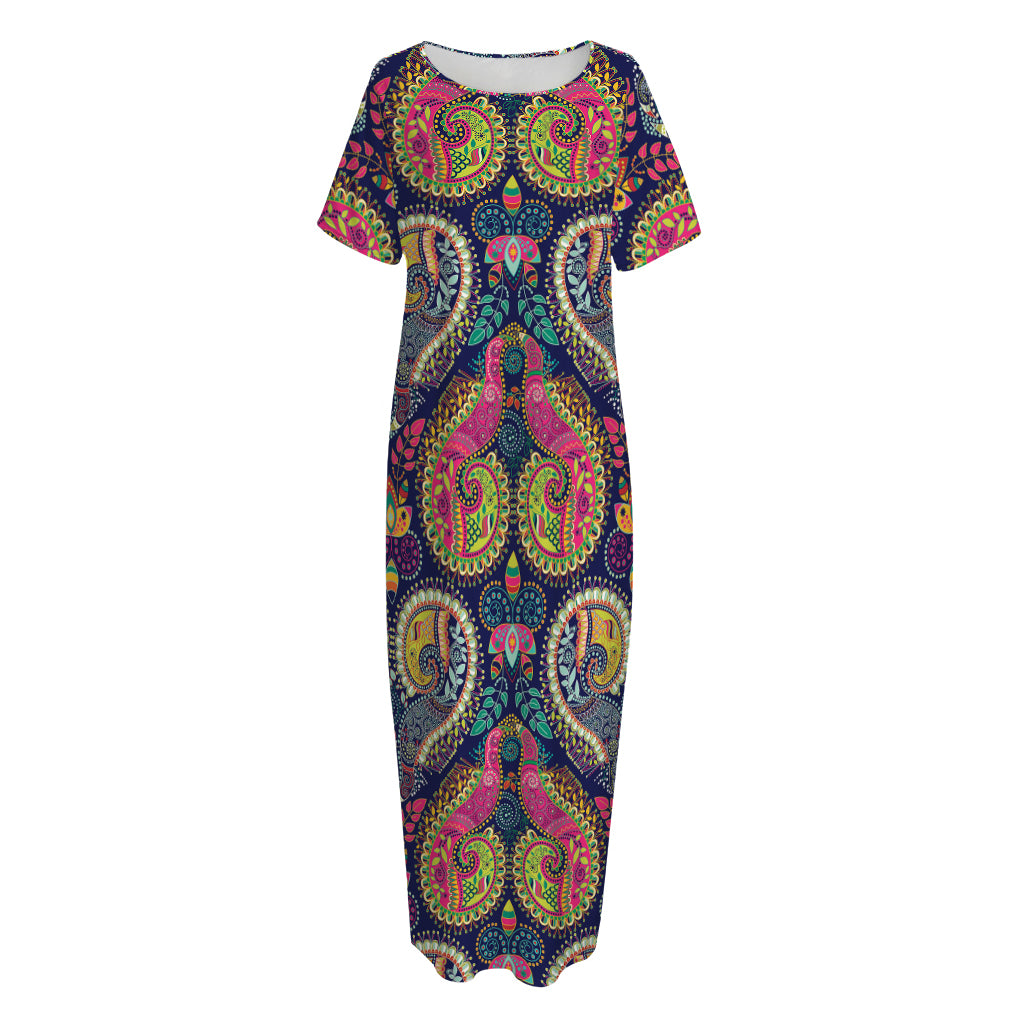 Colorful Boho Paisley Pattern Print Short Sleeve Long Nightdress