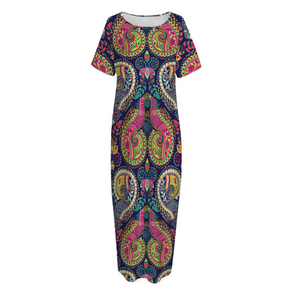 Colorful Boho Paisley Pattern Print Short Sleeve Long Nightdress