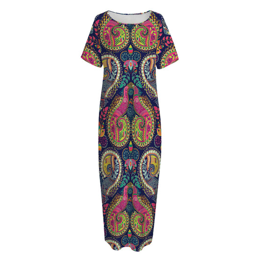 Colorful Boho Paisley Pattern Print Short Sleeve Long Nightdress