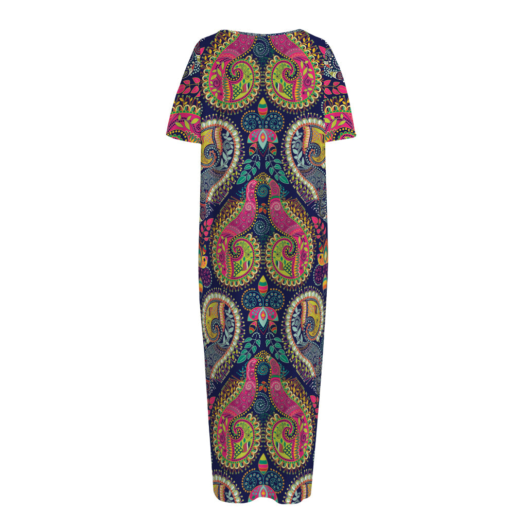 Colorful Boho Paisley Pattern Print Short Sleeve Long Nightdress