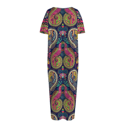 Colorful Boho Paisley Pattern Print Short Sleeve Long Nightdress