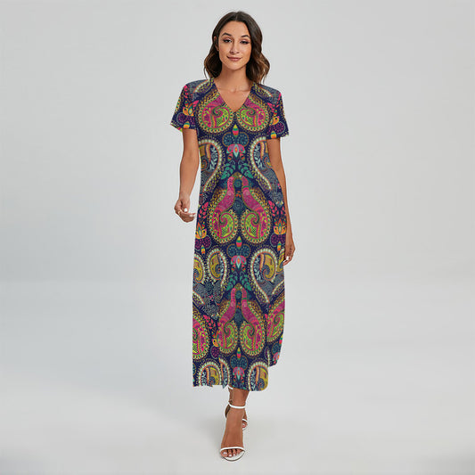 Colorful Boho Paisley Pattern Print Short Sleeve Maxi Dress